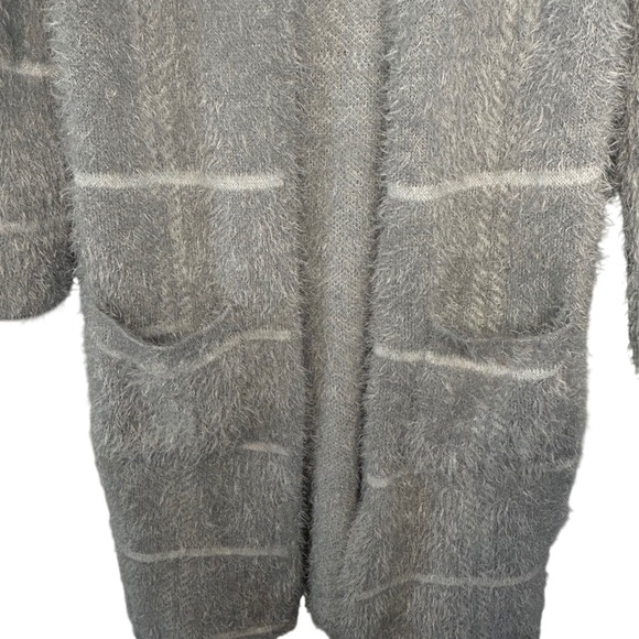 Adrienne Vittadini Grey Eyelash Knit Longline Striped Cardigan Sweater Small - Picture 2 of 8